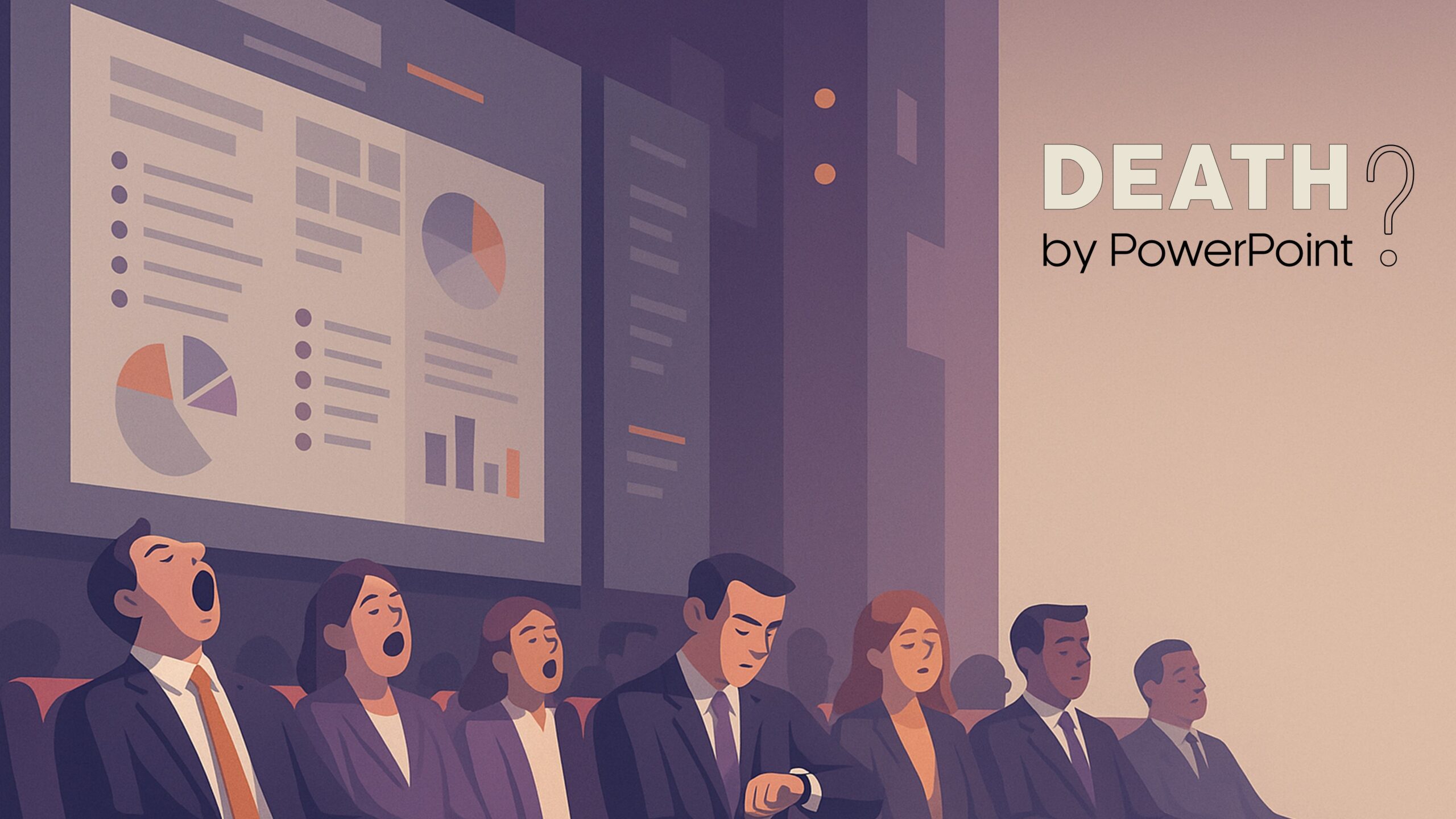 Audience yawning during a presentation; pie and line charts on screen in soft purple and orange tones, conveying “death by PowerPoint”.
