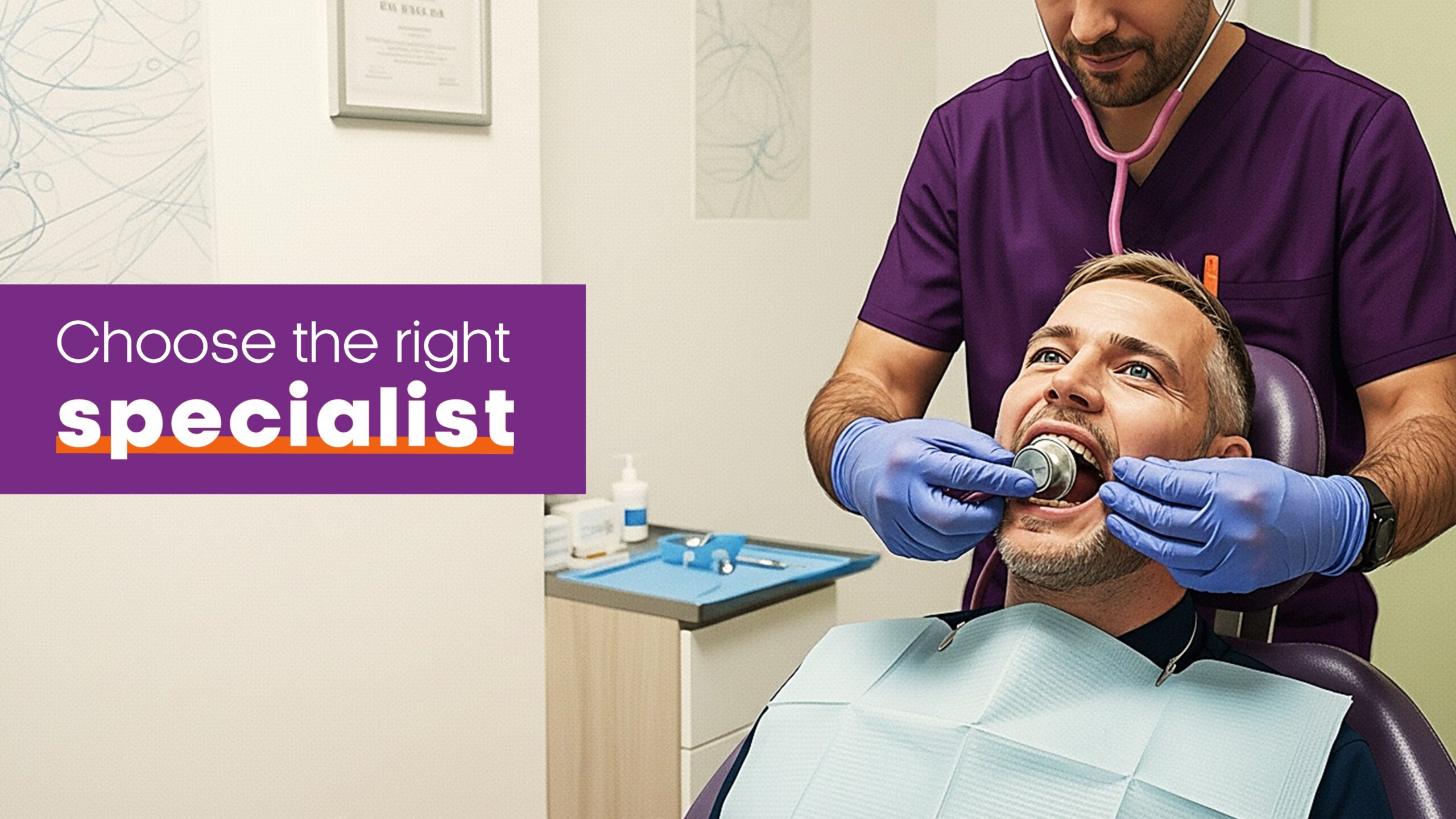 Minimal illustration of a cardiologist placing a stethoscope towards a patient’s mouth in a dentist chair; message about choosing the right specialist.