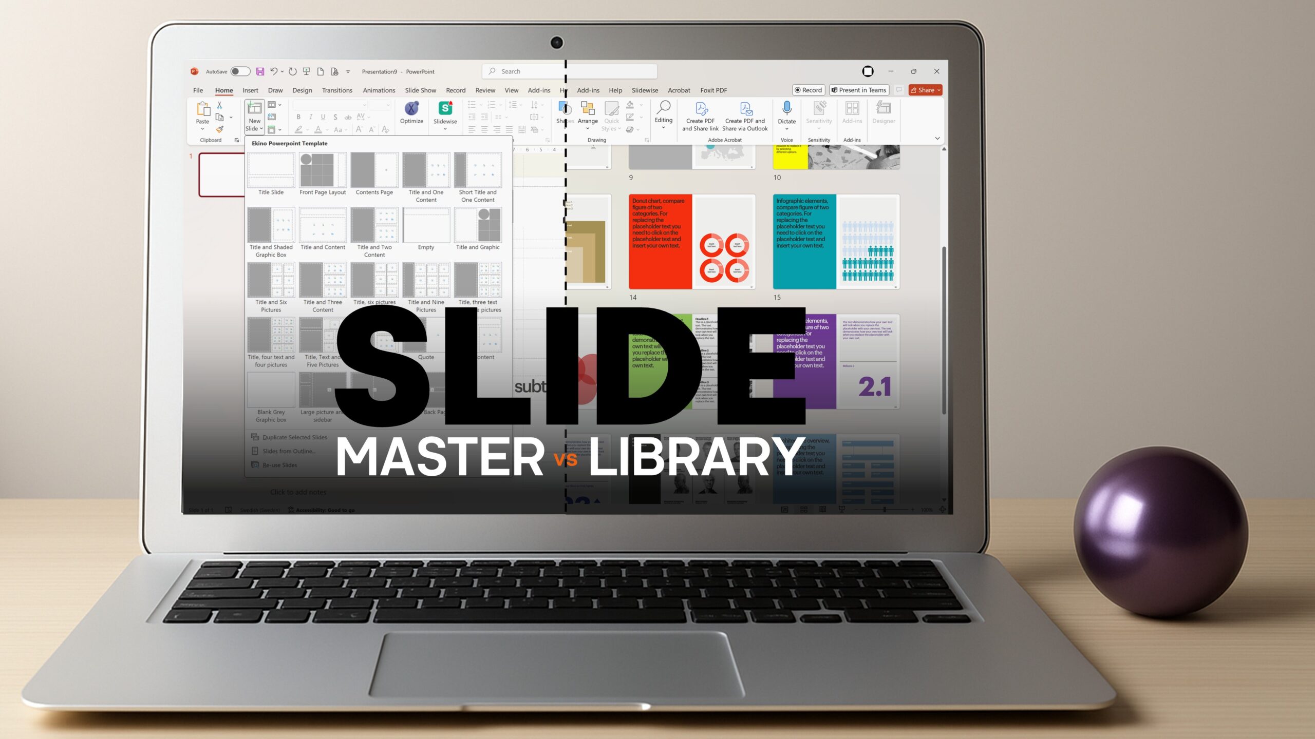 Visual comparison of Slide Masters and Slide Libraries showing PowerPoint layouts and reusable slide assets side by side.