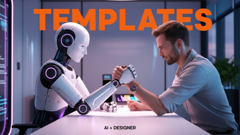 Human and humanoid robot clasp wrists at a desk; bold headline ‘TEMPLATES’ with sub-line ‘AI + Designers’, signalling collaboration on Microsoft Office templates.