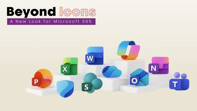 Microsoft 365 app icons including Word, PowerPoint, Excel, Outlook, Teams and OneNote displayed on white podiums against a light beige background, representing Microsoft’s new AI-era visual design language.