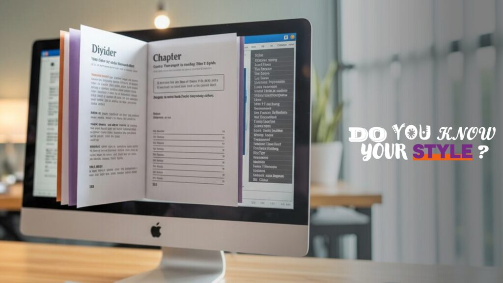 iMac on a walnut desk showing a Word report with chapter pages and a visible Styles pane, demonstrating headings, lists and layout elements.