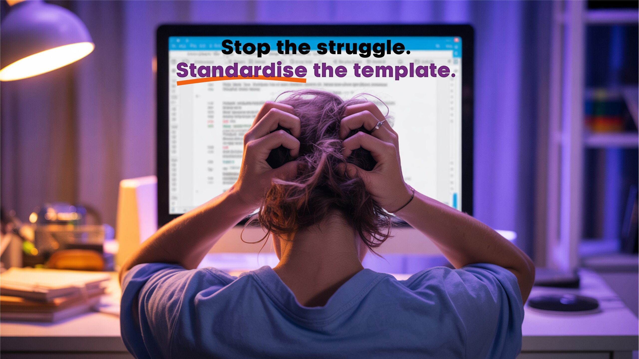 Frustrated person late at night pulling their hair while facing a desktop screen with a messy, off-brand document; headline reads “Stop the struggle. Standardise the template.”