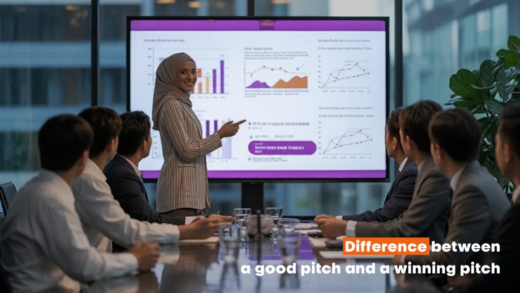 A professional lady delivering a pitch presentation to investors in a modern boardroom, with charts and performance data displayed clearly on a large presentation screen.