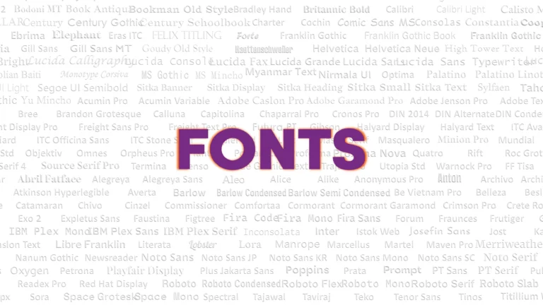 Collage of typeface names with the word “FONTS” centred, illustrating font choice and substitution risk in Microsoft Word and PowerPoint templates.