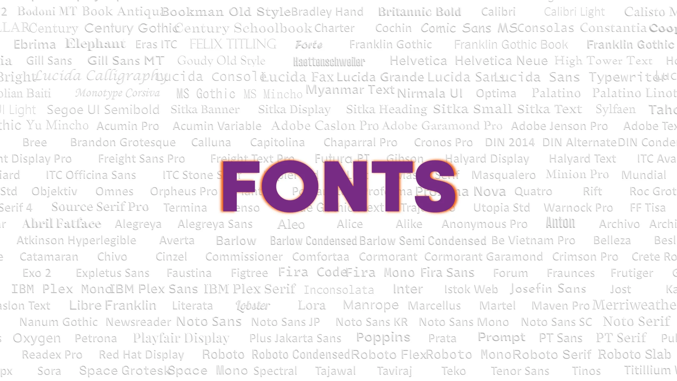 Collage of typeface names with the word “FONTS” centred, illustrating font choice and substitution risk in Microsoft Word and PowerPoint templates.