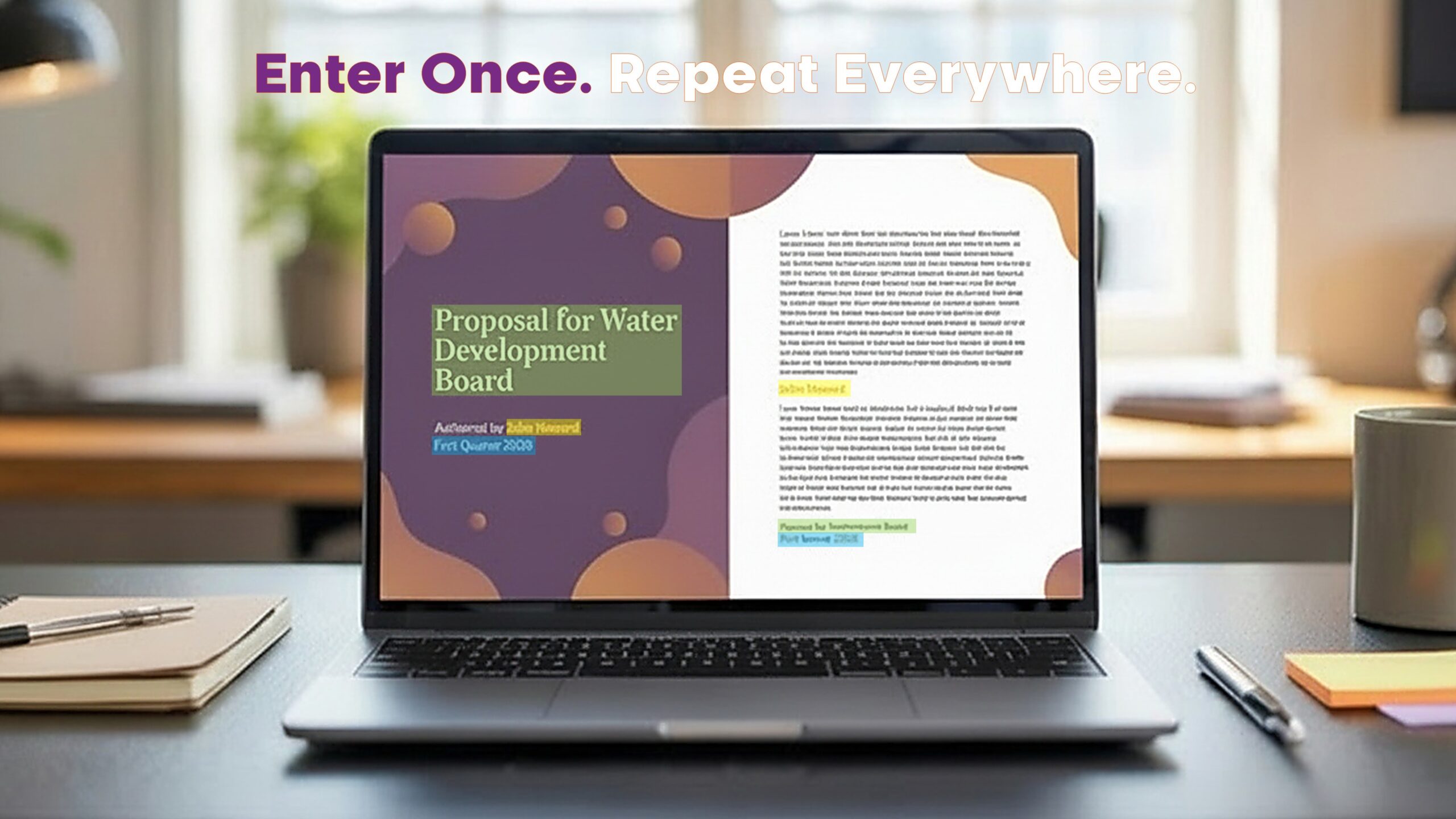 Laptop screen displaying a Microsoft Word proposal template where the author name and document details repeat automatically across pages using content controls and metadata fields.