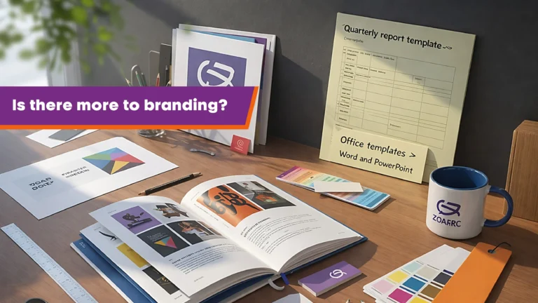 Desk flat-lay showing brand guidelines and a plain quarterly report template, highlighting the importance of Microsoft Word and PowerPoint templates in rebranding.