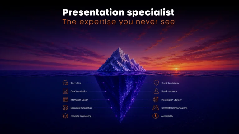 Illustration of the Presentation Iceberg showing the hidden expertise behind presentation specialists, including storytelling, PowerPoint templates, Word templates, Excel dashboards, data visualisation and Microsoft Office template development.
