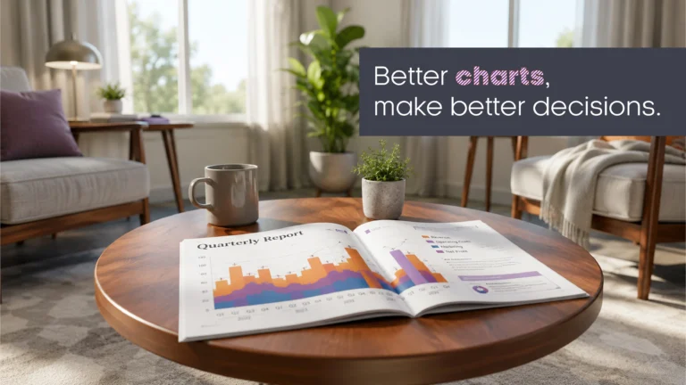 Open quarterly business report displaying purple and orange charts on a wooden table in a modern workspace