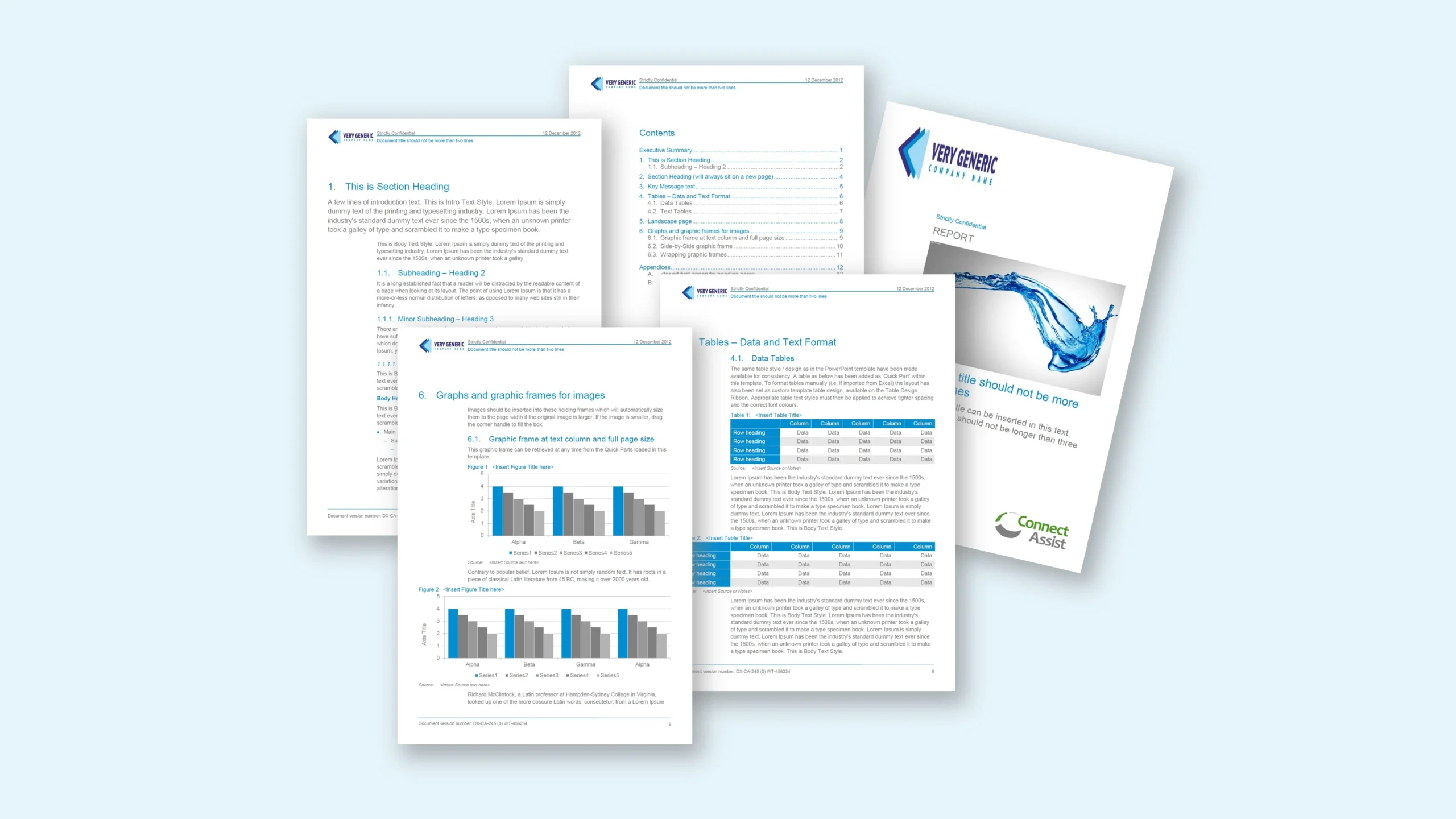 Microsoft Word report template showing client-adaptive colours applied through the Word theme palette.