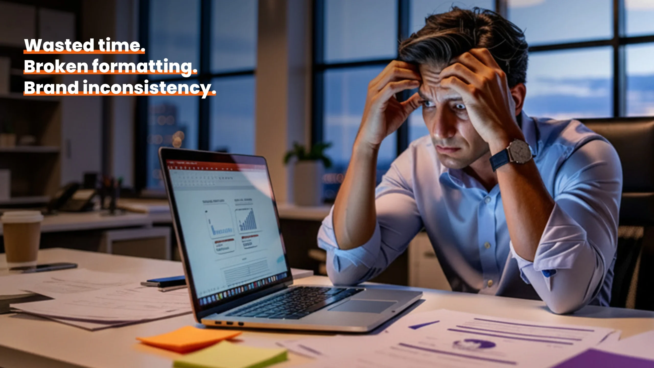 Stressed office worker looking at a laptop with the caption “Wasted time. Broken formatting. Brand inconsistency.”