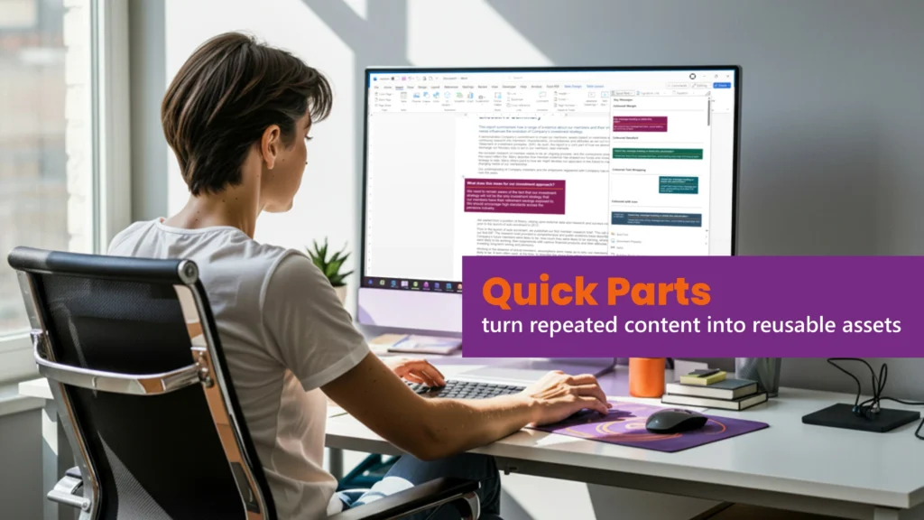 Person working in Microsoft Word with Quick Parts shown on screen, illustrating how repeated content can be turned into reusable assets.