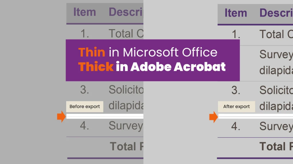 Comparison showing a thin table border in Microsoft Word appearing thicker after export to PDF.