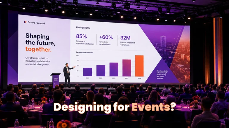 Presenter delivering a PowerPoint presentation on a large screen at a corporate conference.