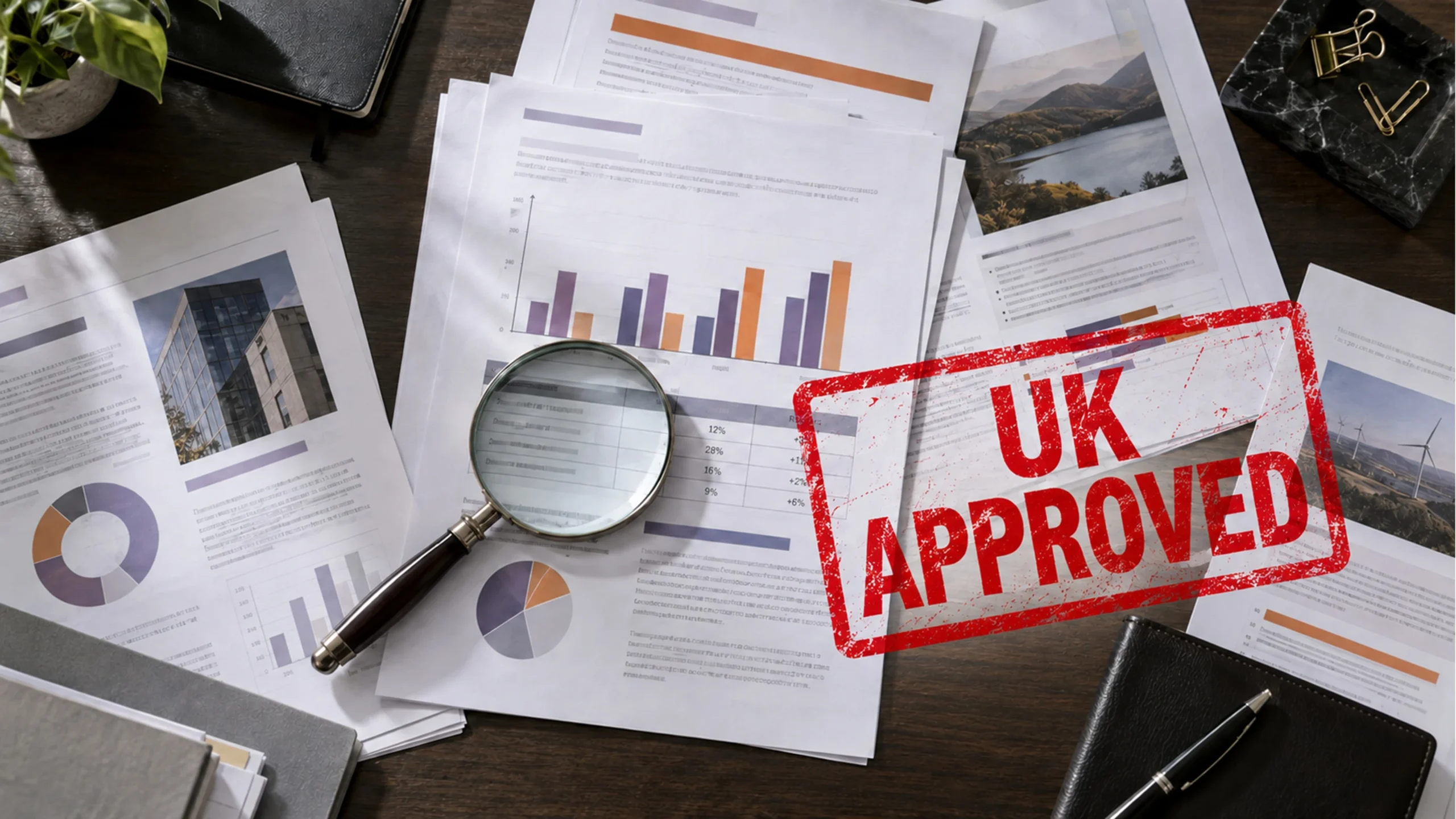 Printed corporate reports and charts spread across an office desk beneath a magnifying glass, with a red UK Approved graphic.